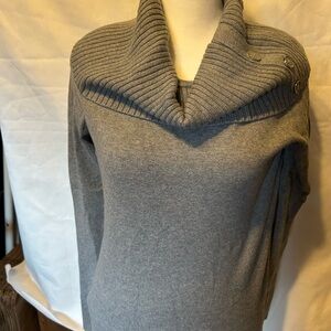 Gray Women's Sweater with Ribbed Collar w/ buttons on side of collar